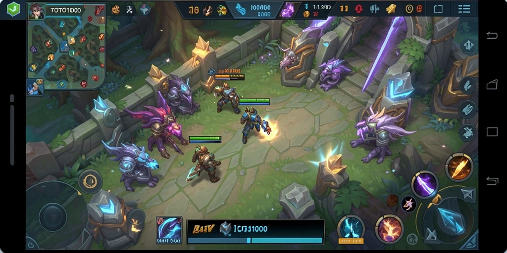 Screenshot gameplay TOTO1000 menunjukkan aksi seru dalam pertempuran MOBA.